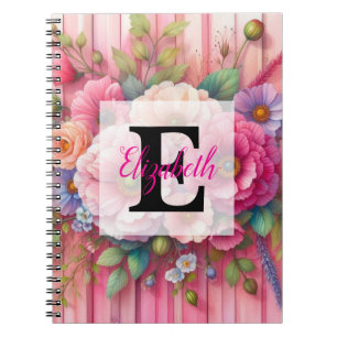 Carnet Monogramme aquarelle pastels fleurs sur bois rose