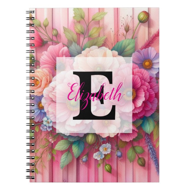 Carnet Monogramme aquarelle pastels fleurs sur bois rose (Devant)