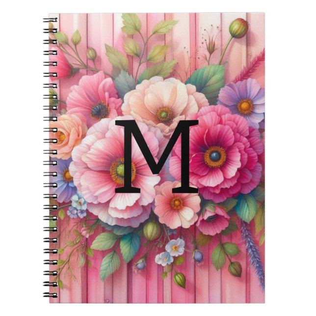 Carnet Monogramme aquarelle pastels fleurs sur bois rose (Devant)