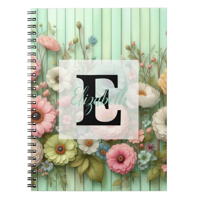 Carnet Monogramme aquarelle pastels fleurs sur bois vert (Devant)