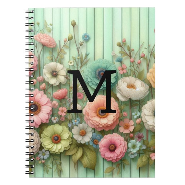 Carnet Monogramme aquarelle pastels fleurs sur bois vert (Devant)