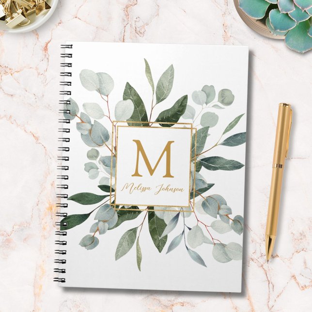 Carnet Monogramme Aquarelle Vert Tropical Eucalyptus (In situ)