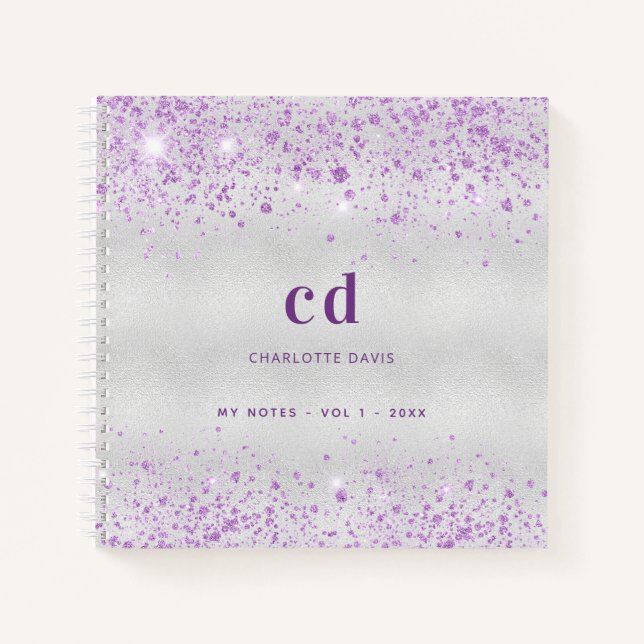 Carnet Monogramme au nom de lavande argentée (Devant)