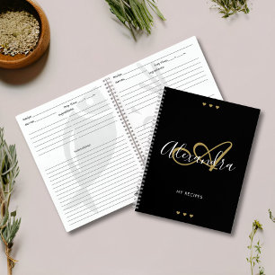 Carnet Monogramme Black Gold Elegant Script Name Recette