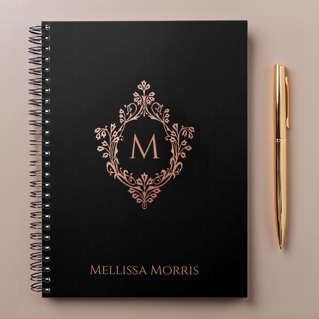Carnet Monogramme Black Rose Elegant Rose Gold Crest Nom (Créateur téléchargé)