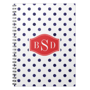 Carnet Monogramme bleu et blanc chic de motifs de pois
