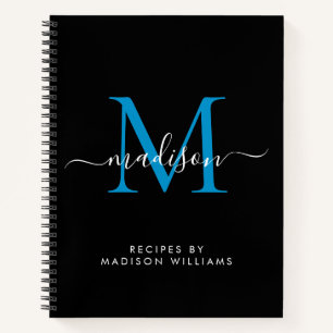 Carnet Monogramme bleu océan noir Nom du script Recette