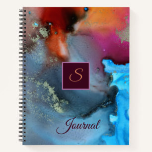 Carnet Monogramme bleu orange rouge Abstrait des vagues
