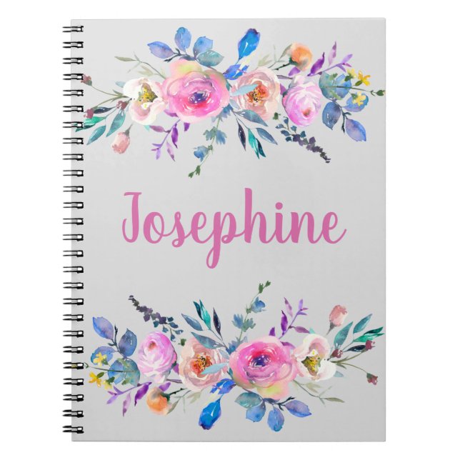 Carnet Monogramme boho rose et bleu floral (Devant)