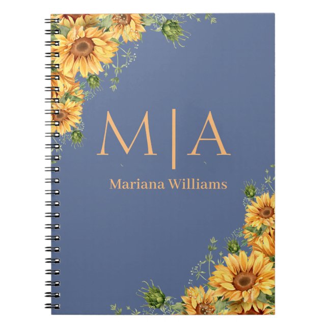 Carnet monogramme botanique tournesol orange bleu nova (Devant)