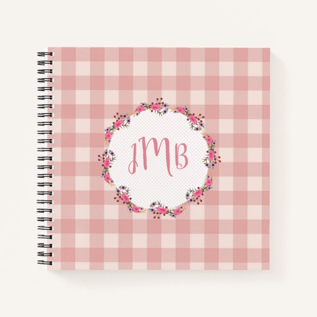 Carnet Monogramme Buffalo plaqué | Chèques et fleurs rose (Devant)