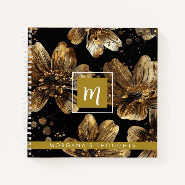 Carnet Monogramme Carré Fleurs Pailletées Or Luxe (Devant)