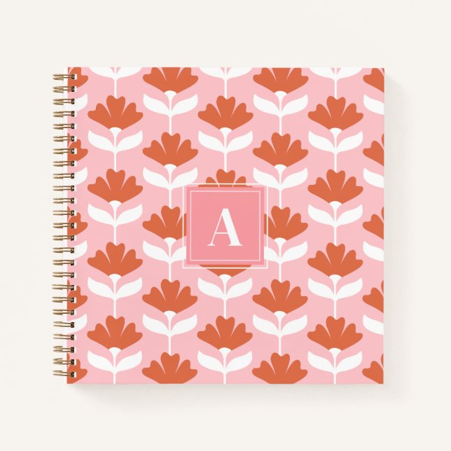 Carnet Monogramme carré initial floral rose et rouge vint (Devant)