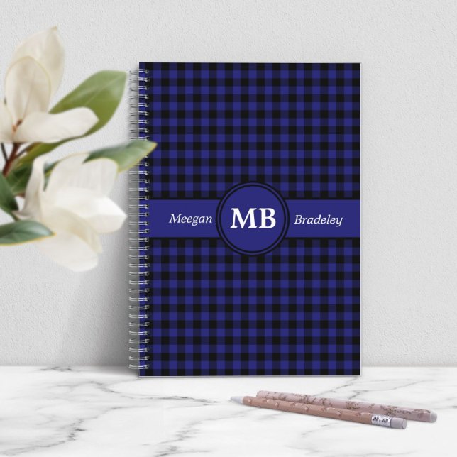 Carnet Monogramme carreaux bleu moderne  (Modern Blue Plaid Monogram Notebook)