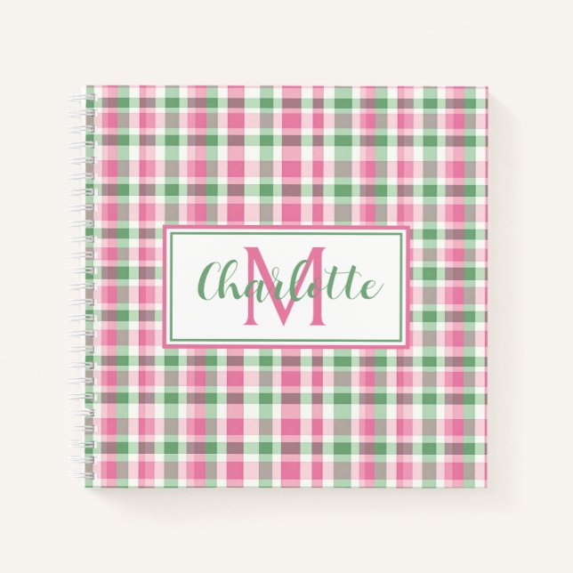 Carnet Monogramme carreaux rose et vert Prépa (Devant)
