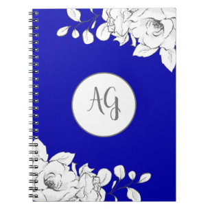 Carnet Monogramme Chic Moderne Royal Bleu Blanc Floral
