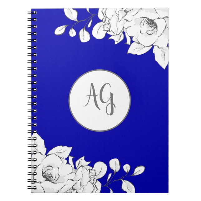 Carnet Monogramme Chic Moderne Royal Bleu Blanc Floral (Devant)