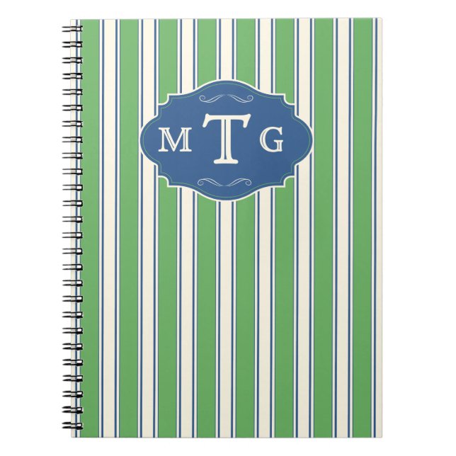 Carnet Monogramme Classique 3 Lettres Rayures Vert Bleu (Devant)