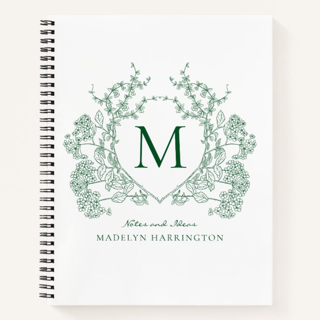 Carnet Monogramme classique à crête florale vert émeraude (Devant)