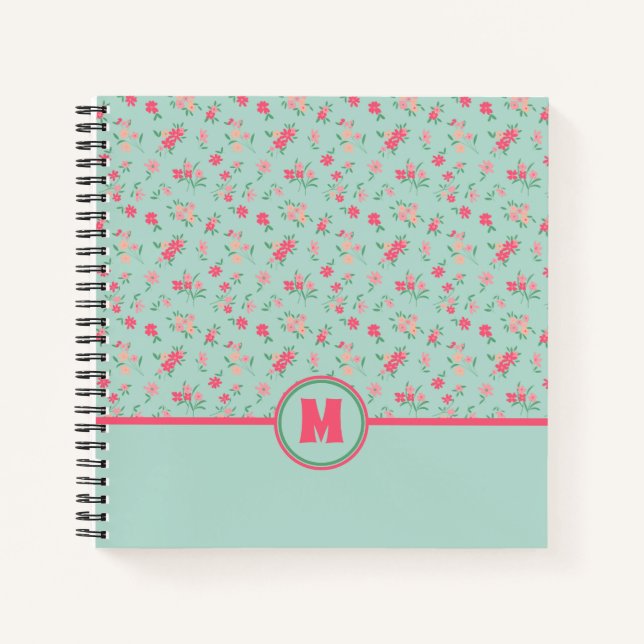 Carnet Monogramme Dainty Fleurs roses Turquoises (Devant)