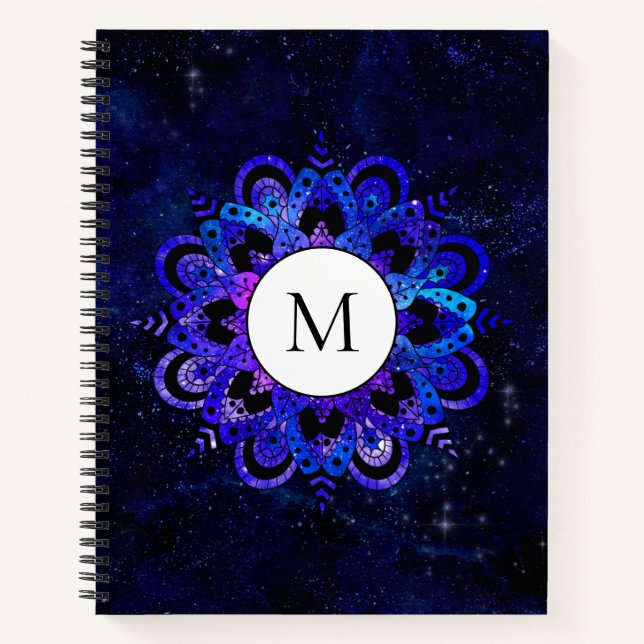 Carnet Monogramme d'aquarelle chic bleu Mandala Galaxy Bo (Devant)