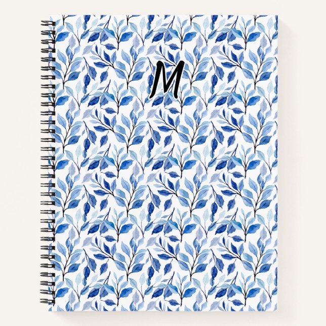 Carnet Monogramme d'art fin en mosaïque de feuilles bleue (Devant)