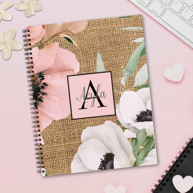 Carnet Monogramme de Burlap Floral Chic Country (Créateur téléchargé)