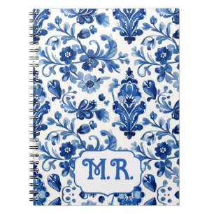 Carnet Monogramme de carreau floral bleu méditerranéen