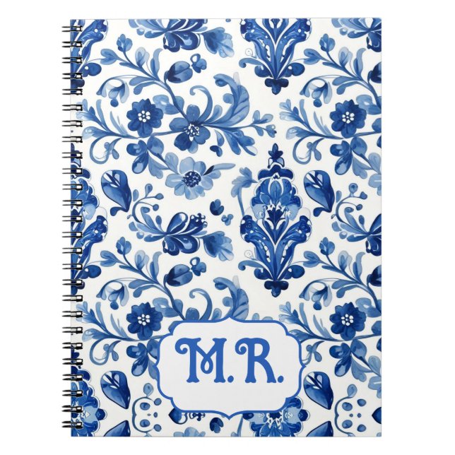 Carnet Monogramme de carreau floral bleu méditerranéen (Devant)