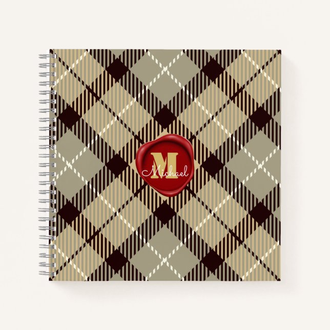 Carnet Monogramme de cire personnalisée Nom Tartan gris (Devant)