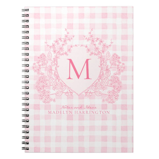 Carnet Monogramme de crête florale rose En vichy (Devant)