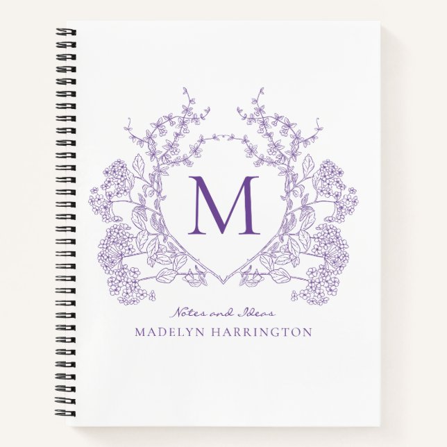 Carnet Monogramme de crête florale violet classique (Devant)