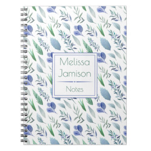 Carnet Monogramme de feuilles bleues et vertes à l'aquare