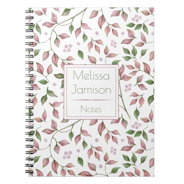Carnet Monogramme de feuilles roses et vertes à l'aquarel (Devant)