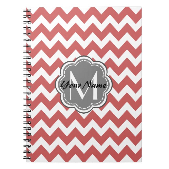 Carnet Monogramme de gris fleuri rouge indien Chevron (Devant)