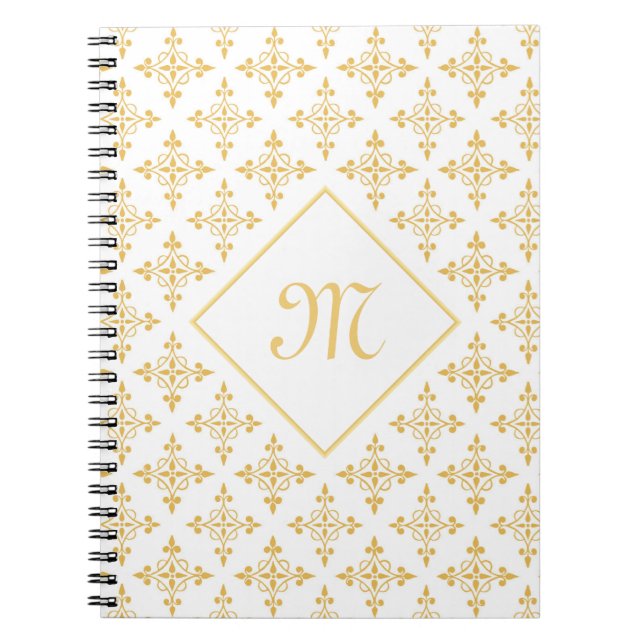 Carnet Monogramme de luxe Blanc et or Quatre Floral (Devant)
