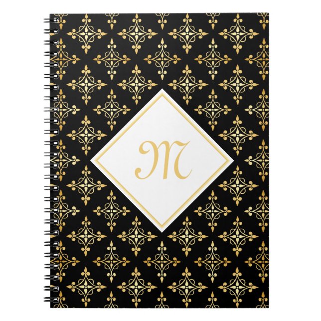Carnet Monogramme de luxe Noir et Or Quatre Floral (Devant)