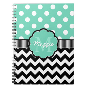 Carnet Monogramme de menthe Pois noire Chevron