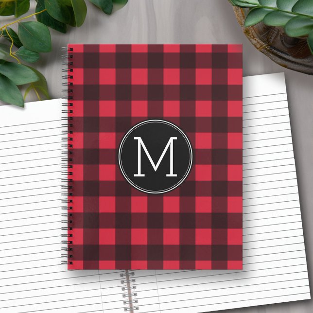Carnet Monogramme de Motif de buffle rouge et noir rustiq (Personalized Notebook - Red and Black Buffalo Plaid with Monogram)
