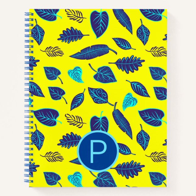 Carnet Monogramme de Motif de feuille tropicale jaune vif (Devant)