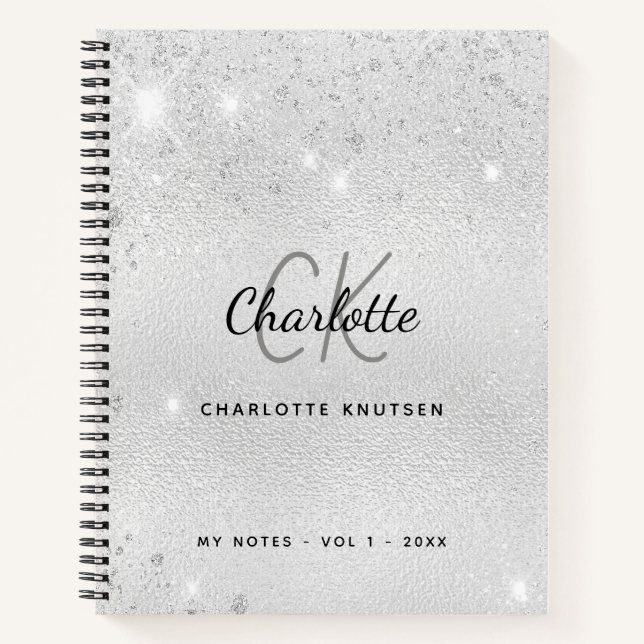 Carnet Monogramme de nom à paillettes argentées (Devant)