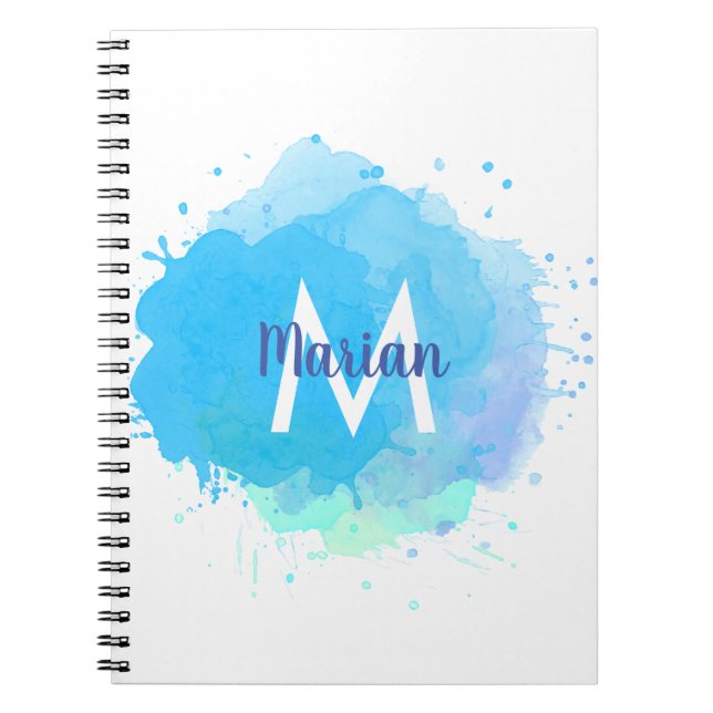 Carnet Monogramme de nom abstrait aquarelle bleue (Devant)