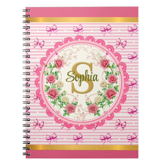 Carnet Monogramme de nom avec dentelle florale et rayures (Devant)
