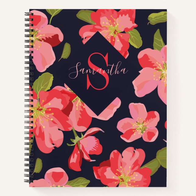 Carnet Monogramme de nom bleu marine floral botanique (Devant)