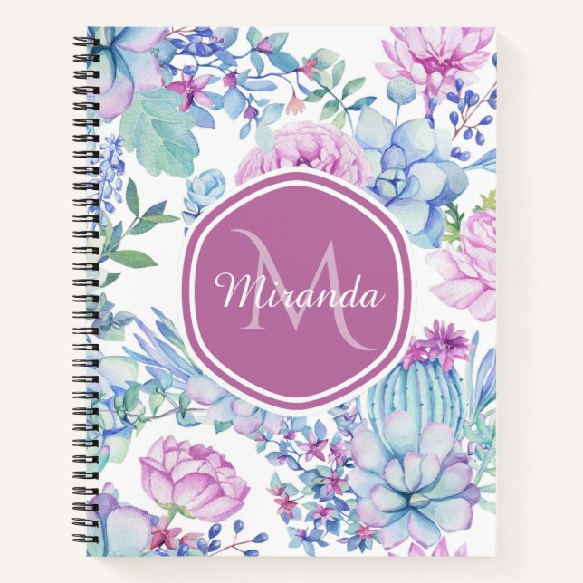 Carnet Monogramme de nom de succulente bleu violet (Devant)