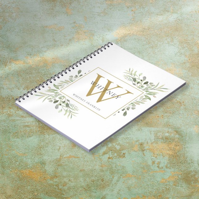 Carnet Monogramme de nom de verdure d'aquarelle élégante (Elegant Watercolor Greenery Monogram Name Notebook)