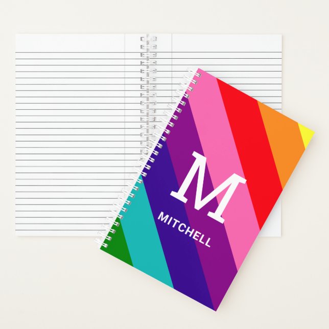 Carnet Monogramme de nom en diagonale arc-en-ciel rose (À l'intérieur)