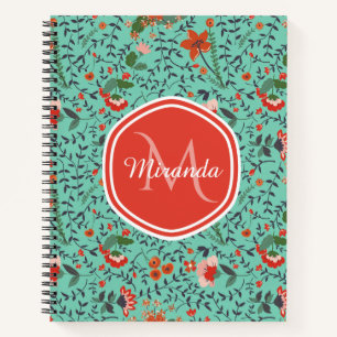 Carnet Monogramme de nom floral rouge sarcelle