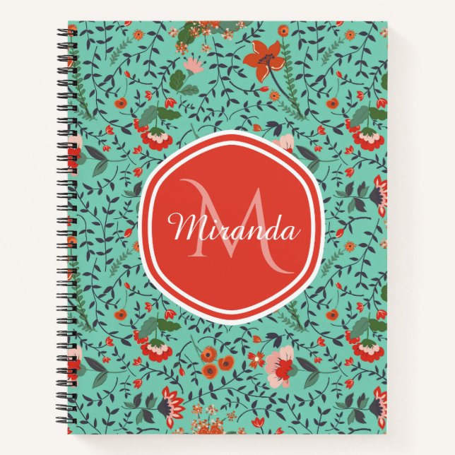 Carnet Monogramme de nom floral rouge sarcelle (Devant)