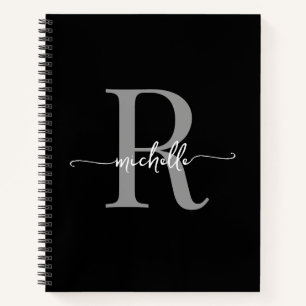 Carnet Monogramme de nom moderne gris noir pour fille